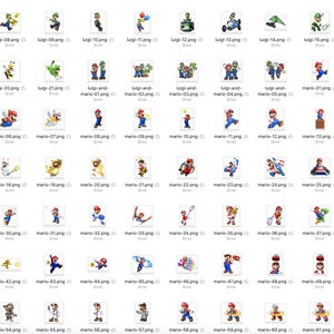 May include: A collection of 50 digital images featuring various poses of the video game characters Mario and Luigi. The images are in PNG format and are suitable for use in digital projects.