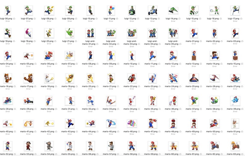 May include: A collection of 50 digital images featuring various poses of the video game characters Mario and Luigi. The images are in PNG format and are suitable for use in digital projects.