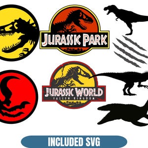 May include: A collection of Jurassic Park and Jurassic World themed graphics. Includes logos with dinosaur silhouettes in yellow, red, and black. Also features dinosaur silhouettes and claw marks. Text: INCLUDED SVG.