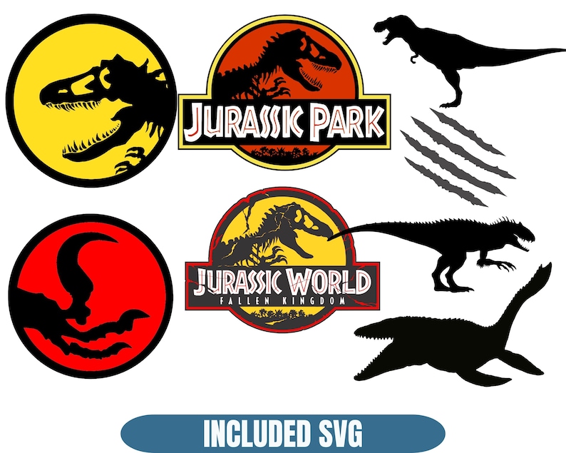 May include: A collection of Jurassic Park and Jurassic World themed graphics. Includes logos with dinosaur silhouettes in yellow, red, and black. Also features dinosaur silhouettes and claw marks. Text: INCLUDED SVG.