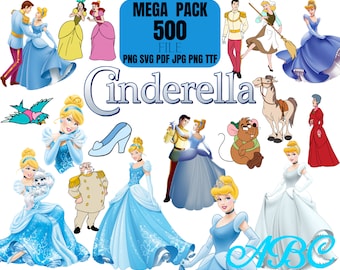 May include: A digital clipart set featuring Cinderella and her friends. The set includes 500 files in PNG, SVG, PDF, JPG, and TTF formats. The characters include Cinderella, Prince Charming, the Fairy Godmother, the mice, the stepsisters, and the step-mother. The set also includes a horse, a carriage, and a pumpkin.