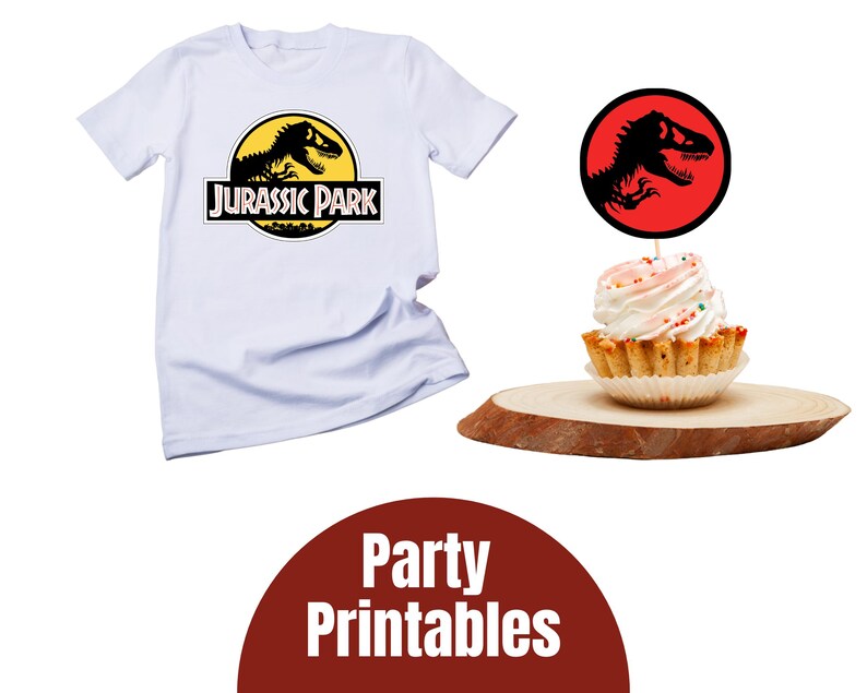 May include: White t-shirt with a "Jurassic Park" logo featuring a black dinosaur silhouette on a yellow circle. A cupcake with white frosting and sprinkles sits on a wooden slice, topped with a dinosaur-themed topper. The image also includes a "Party Printables" graphic.