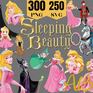 May include: A digital clipart set featuring characters from the Disney film Sleeping Beauty. The set includes Aurora, Maleficent, Prince Phillip, Flora, Fauna, Merryweather, and a variety of other characters. The clipart is available in both PNG and SVG formats.