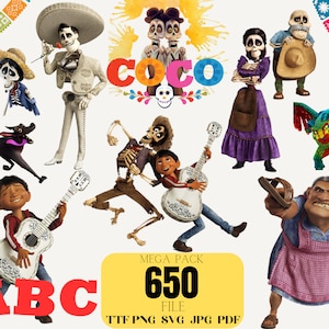 Coco PNG Clipart, Coco Verjaardag printables, Coco Cake topper, Verjaardag uitnodiging frame, Coco gitaar, Coco Poster, Alfabet