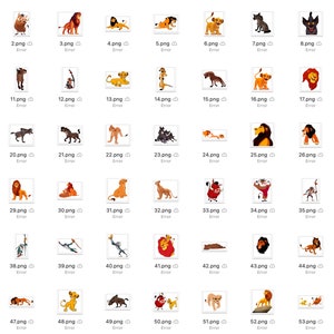 May include: A collection of cartoon images featuring characters from the animated film The Lion King. The images include Simba, Mufasa, Scar, Pumbaa, Timon, Nala, and other characters from the movie. The images are in a variety of poses and expressions.