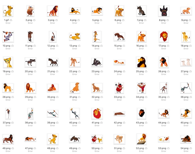 May include: A collection of cartoon images featuring characters from the animated film The Lion King. The images include Simba, Mufasa, Scar, Pumbaa, Timon, Nala, and other characters from the movie. The images are in a variety of poses and expressions.
