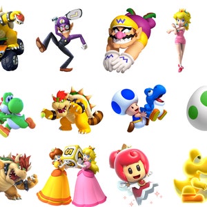 Pu&ograve; includere: Una collezione di personaggi dei cartoni animati colorati del franchise di Super Mario, tra cui Mario, Luigi, Peach, Bowser, Yoshi e Toad. I personaggi sono raffigurati in varie pose ed espressioni, alcuni con oggetti come racchette da tennis e uova.