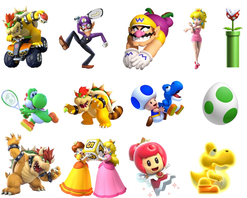 Pu&ograve; includere: Una collezione di personaggi dei cartoni animati colorati del franchise di Super Mario, tra cui Mario, Luigi, Peach, Bowser, Yoshi e Toad. I personaggi sono raffigurati in varie pose ed espressioni, alcuni con oggetti come racchette da tennis e uova.