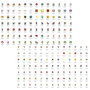 May include: A collection of 100 colorful pixelated images of characters and objects from the Super Mario Bros. video game franchise. The images include Mario, Luigi, Princess Peach, Toad, Goombas, Koopa Troopas, and more.