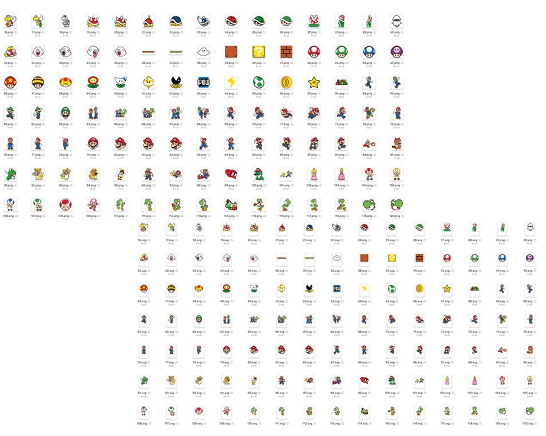 May include: A collection of 100 colorful pixelated images of characters and objects from the Super Mario Bros. video game franchise. The images include Mario, Luigi, Princess Peach, Toad, Goombas, Koopa Troopas, and more.
