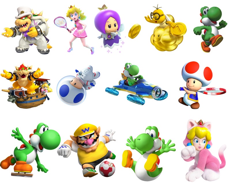 Pu&ograve; includere: Una collezione di personaggi dei cartoni animati colorati del franchise di Mario, tra cui Mario, Luigi, Peach, Bowser, Yoshi, Toad e altri. I personaggi sono raffigurati in varie pose e attivit&agrave;, come giocare a tennis, correre e volare.