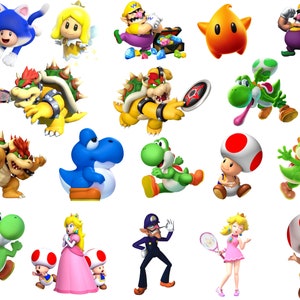 Pu&ograve; includere: Una collezione di personaggi dei cartoni animati colorati della serie Super Mario, tra cui Mario, Luigi, Peach, Bowser, Toad, Yoshi e molti altri. I personaggi sono raffigurati in varie pose ed espressioni, alcuni con oggetti come una racchetta da tennis, una stella e uno scrigno del tesoro.