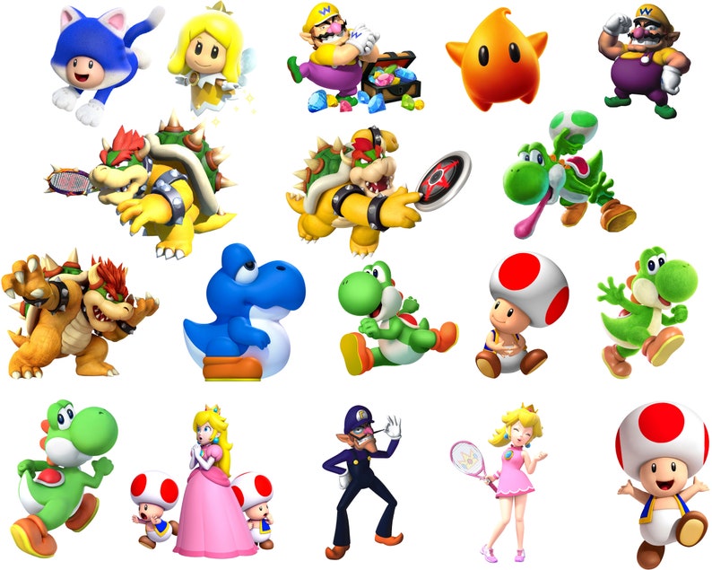 Pu&ograve; includere: Una collezione di personaggi dei cartoni animati colorati della serie Super Mario, tra cui Mario, Luigi, Peach, Bowser, Toad, Yoshi e molti altri. I personaggi sono raffigurati in varie pose ed espressioni, alcuni con oggetti come una racchetta da tennis, una stella e uno scrigno del tesoro.