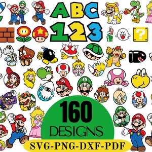 Pacchetto clipart Mario, alfabeto Super Mario, file tagliati Mario SVG per Cricut / Silhouette, Mario Clipart, Luigi Png, Super Mario PNG clipart