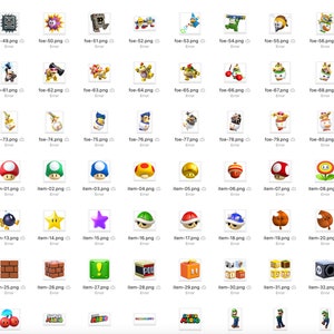 May include: A collection of various digital illustrations and icons, including characters, power-ups, and level elements from the Super Mario video game series. The images are arranged in a grid format.