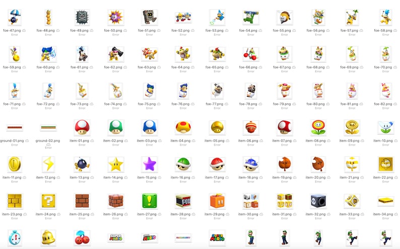 May include: A collection of various digital illustrations and icons, including characters, power-ups, and level elements from the Super Mario video game series. The images are arranged in a grid format.