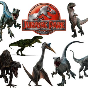 May include: An assortment of dinosaur figures in various colors, including green, blue, and black, are displayed against a white background. The Jurassic Park logo is prominently featured. The dinosaurs are in dynamic poses, showcasing their features.