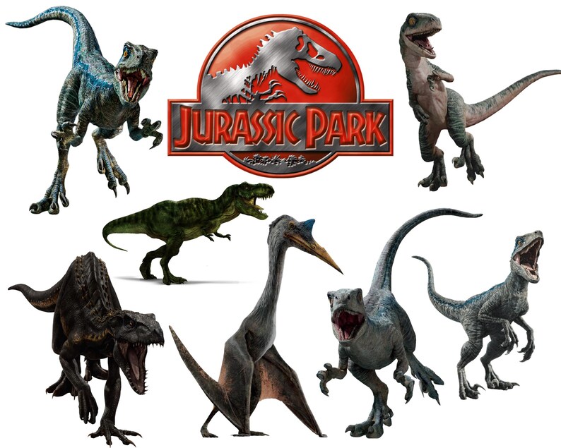May include: An assortment of dinosaur figures in various colors, including green, blue, and black, are displayed against a white background. The Jurassic Park logo is prominently featured. The dinosaurs are in dynamic poses, showcasing their features.