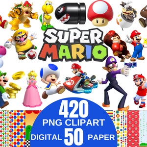 Paquete de imágenes prediseñadas de Super Mario, papel digital de Super Mario, mario png imprimible, mario, cliparts png videojuego mario, diseño de álbum de recortes