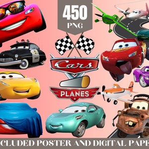 Cars Planes Png Clipart Bundle, Lightning Mcqueen Png , Cars Poster Digital Paper, McQueen Sticker Birthday Cake topper Party Decorations