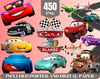 Auto's vliegtuigen Png Clipart bundel, Lightning Mcqueen Png, auto's Poster digitaal papier, McQueen Sticker verjaardagstaart topper Party Decorations