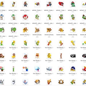 May include: A collection of various cartoon character images, including Mario, Luigi, Yoshi, Bowser, and other characters from the Super Mario video game series. The images are in a variety of poses and styles.