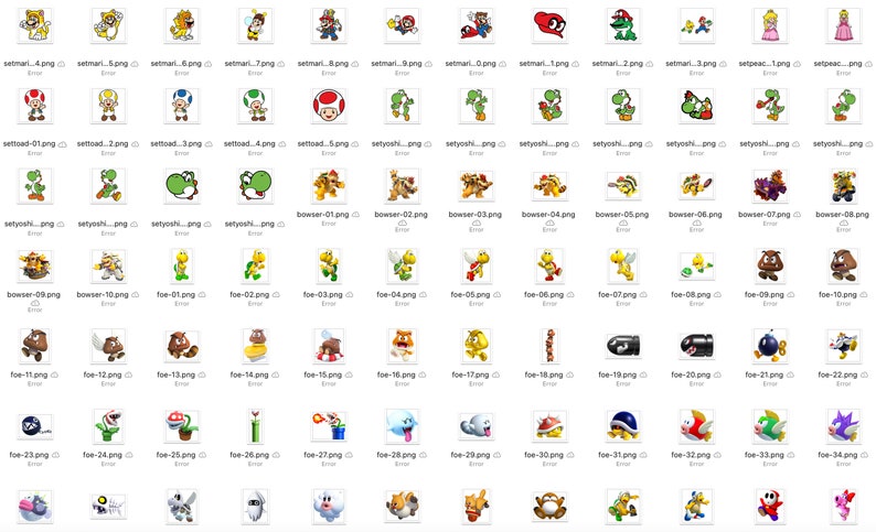 May include: A collection of various cartoon character images, including Mario, Luigi, Yoshi, Bowser, and other characters from the Super Mario video game series. The images are in a variety of poses and styles.
