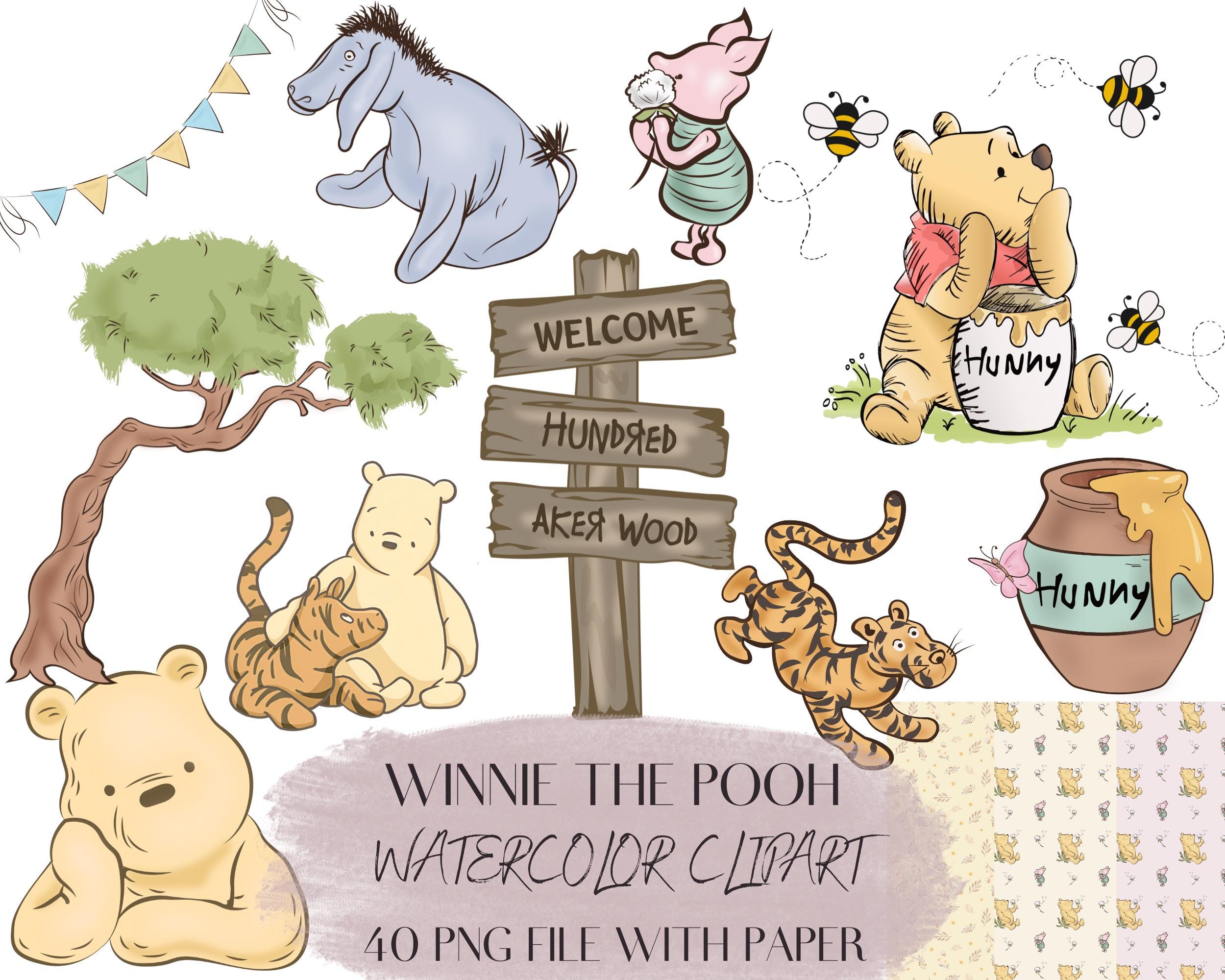 Winnie the Pooh Watercolor Png Clipart, Pooh Baby Shower Png, Honey Watercolor Digital Paper, Pooh Watercolor Winnie Digital Paper Pack