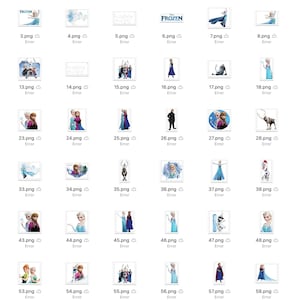 May include: A collection of 60 digital images featuring various characters and scenes from the animated film Frozen. The images include Elsa, Anna, Olaf, Kristoff, Sven, and other characters from the movie. The images are in a variety of poses and settings, including winter scenes, ice castles, and forests.