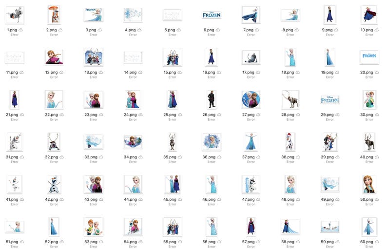 May include: A collection of 60 digital images featuring various characters and scenes from the animated film Frozen. The images include Elsa, Anna, Olaf, Kristoff, Sven, and other characters from the movie. The images are in a variety of poses and settings, including winter scenes, ice castles, and forests.