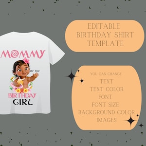 Baby Moana bearbeitbare Geburtstag Shirt Vorlage, Geburtstag Mädchen Vorlage, digitaler Download Mama Daddy Bro Sis des Geburtstagskindes für Ihre party