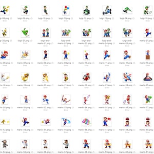 May include: A collection of digital illustrations featuring characters from the Super Mario franchise. The images showcase Mario, Luigi, and other characters in various poses and settings, with vibrant colors and dynamic compositions.
