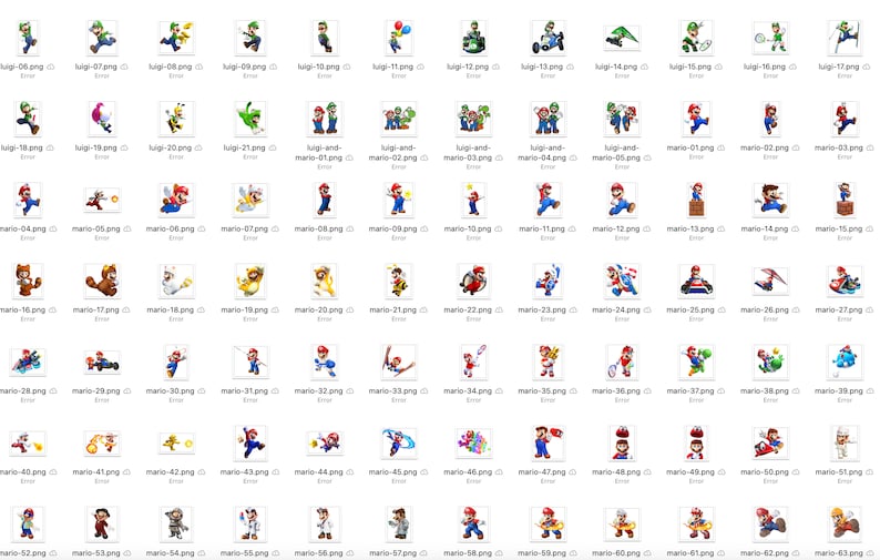 May include: A collection of digital illustrations featuring characters from the Super Mario franchise. The images showcase Mario, Luigi, and other characters in various poses and settings, with vibrant colors and dynamic compositions.