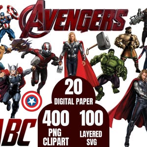 Op de afbeelding: Digitale afbeelding met verschillende Avengers-personages, waaronder Thor en Hulk. De afbeelding bevat het Avengers-logo en tekst met 20 digitale papers, 400 PNG-clipart en 100 gelaagde SVG-bestanden.
