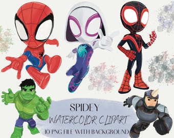Spidey and Friends Watercolor Clipart Bundle: Superhero PNG (Digital Download), Spidey Clipart Bundle, Spidey and his Amazing Friends PNG