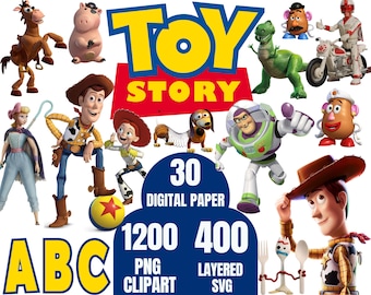 May include: A digital paper pack featuring 30 Toy Story characters, including Woody, Buzz Lightyear, Jessie, and Mr. Potato Head. The pack includes 1200 PNG clipart images and 400 layered SVG files. The text "Toy Story" is displayed in large yellow letters with a red background.