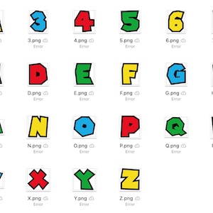 May include: A collection of colorful, cartoon-style numbers and letters. Each character has a black outline with a colored fill, including yellow, green, blue, and red. The image is a set of digital graphics.