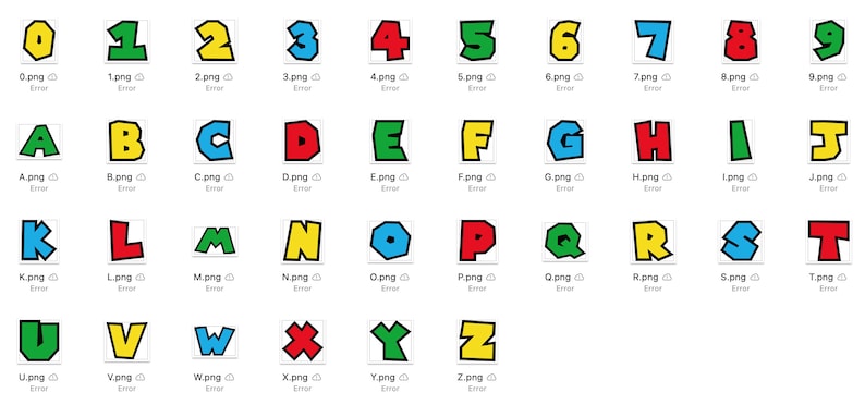 May include: A collection of colorful, cartoon-style numbers and letters. Each character has a black outline with a colored fill, including yellow, green, blue, and red. The image is a set of digital graphics.