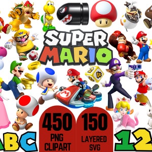 Mario Clipart Bundle + Alphabet, Mario PNG SVG Clipart, Super Mario PNG, Mario SVG, Mario Kart Clipart, Princess Peach PNG SVG Clipart