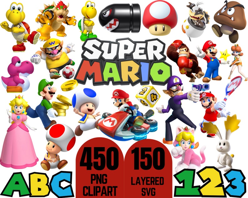Pu&ograve; includere: Un set colorato di immagini clipart di personaggi di Super Mario Bros. Il set include Mario, Luigi, Peach, Bowser, Toad, Yoshi, Donkey Kong e molti altri. Le immagini sono in formato PNG e SVG. Ci sono 450 immagini clipart PNG e 150 immagini SVG in livelli.