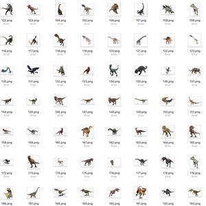 May include: A collection of dinosaur illustrations in various poses and colors. The images showcase different species, including the Tyrannosaurus Rex, Brachiosaurus, and Pterodactyl. Each image is labeled with a number.