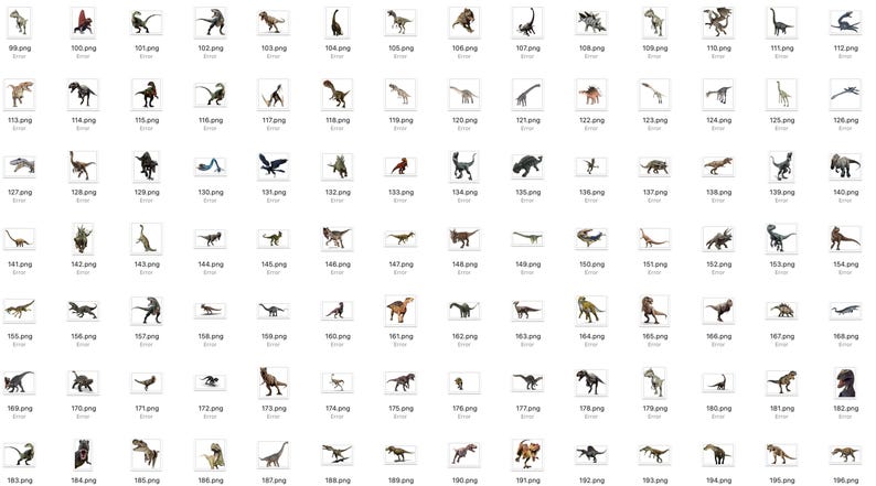 May include: A collection of dinosaur illustrations in various poses and colors. The images showcase different species, including the Tyrannosaurus Rex, Brachiosaurus, and Pterodactyl. Each image is labeled with a number.