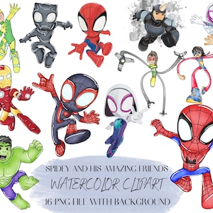 Op de afbeelding: Waterverf clipart met verschillende superhelden, waaronder Spider-Man en Iron Man. De afbeelding bevat de tekst "Spidey and His Amazing Friends" en "Watercolor Clipart". De illustraties zijn kleurrijk en cartoonachtig.