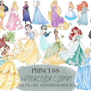 All Princess Handrawn watercolor Bundle, belle, Cinderella, Tiana, Aurora, Mermaid, Elsa png, Anna png, Clipart