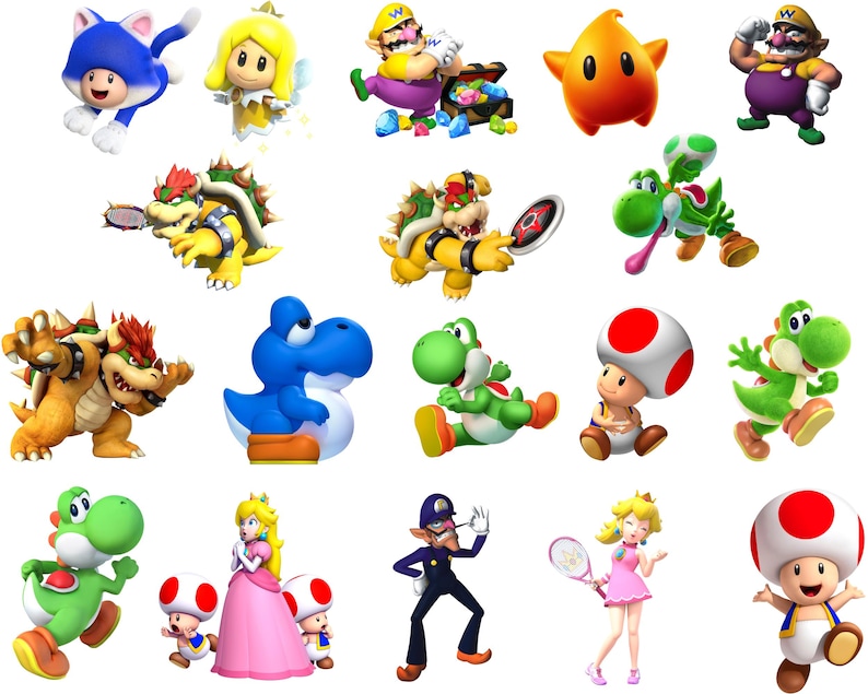May include: A collection of colorful cartoon characters from the Super Mario franchise, including Mario, Luigi, Peach, Bowser, Toad, Yoshi, and more.