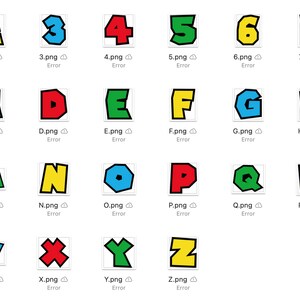 Pu&ograve; includere: Un set di lettere e numeri colorati in stile cartone animato. Ogni carattere &egrave; contornato di nero e riempito con un colore diverso. Le lettere sono in un font a blocchi arrotondato.