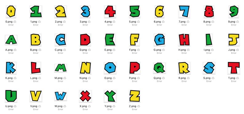 Pu&ograve; includere: Un set di lettere e numeri colorati in stile cartone animato. Ogni carattere &egrave; contornato di nero e riempito con un colore diverso. Le lettere sono in un font a blocchi arrotondato.