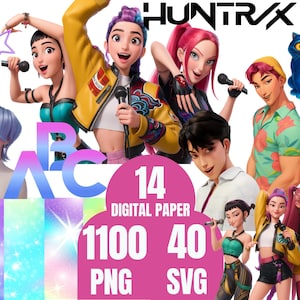 Może przedstawiać: Cyfrowa grafika przedstawiająca animowane postacie trzymające mikrofony, z tekstem "HUNTRAX" na górze. Różowy okrąg wyświetla "14 DIGITAL PAPER 1100 PNG 40 SVG". Widoczne są również kolorowe gwiazdy i litery "ABC".