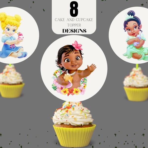 Topper de pastel de princesa png, topper de pastel de princesa bebé png, topper de cupcake de moana bebé, topper de pastel de tiana bebé png descarga digital instantánea