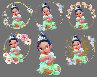 May include: A digital illustration of a baby Tiana from Disney's Princess and the Frog. She is wearing a green dress and holding a purple bottle. The image is surrounded by a gold circle with flowers and leaves.